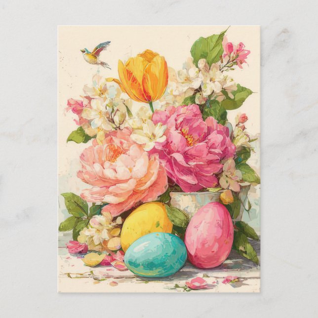 Postal Cartão de Páscoa com Flores e Coelho da Páscoa (Frente)