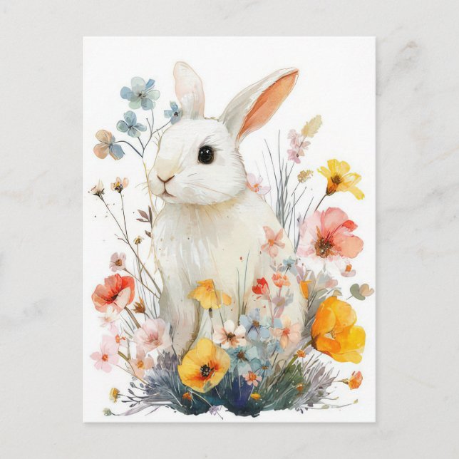 Postal Cartão de Páscoa com Flores e Coelho da Páscoa (Frente)