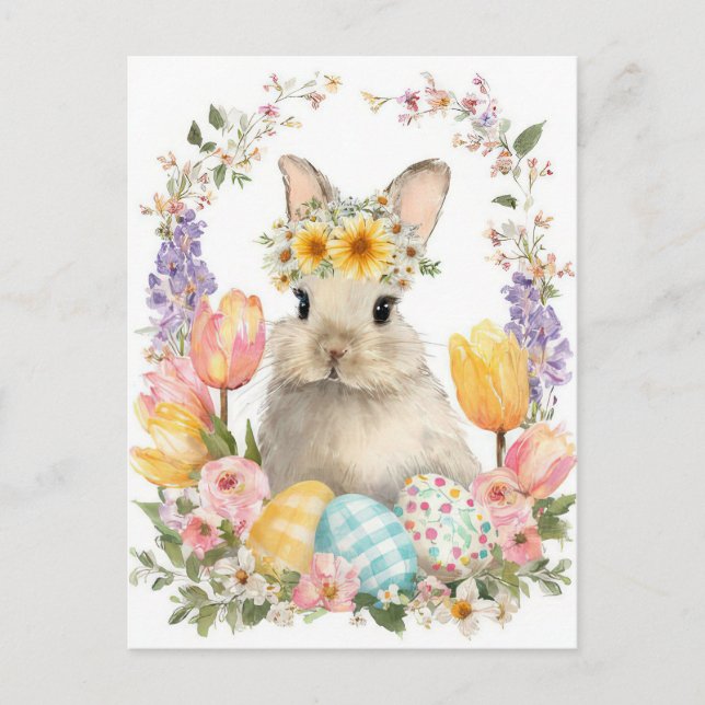 Postal Cartão de Páscoa com Flores e Coelho da Páscoa (Frente)