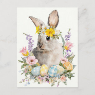 Postal Cartão de Páscoa com Flores e Coelho da Páscoa