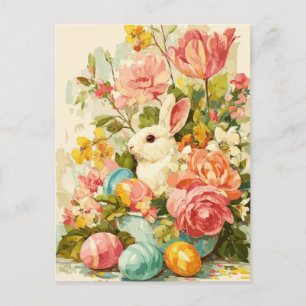 Postal Cartão de Páscoa com Flores e Coelho da Páscoa