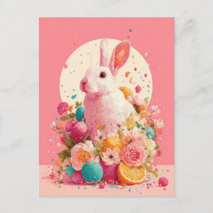 Postal Cartão de Páscoa com Flores e Coelho da Páscoa