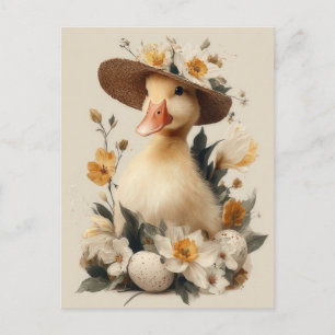 Postal Cartão de Páscoa com Flores e Patinho da Páscoa
