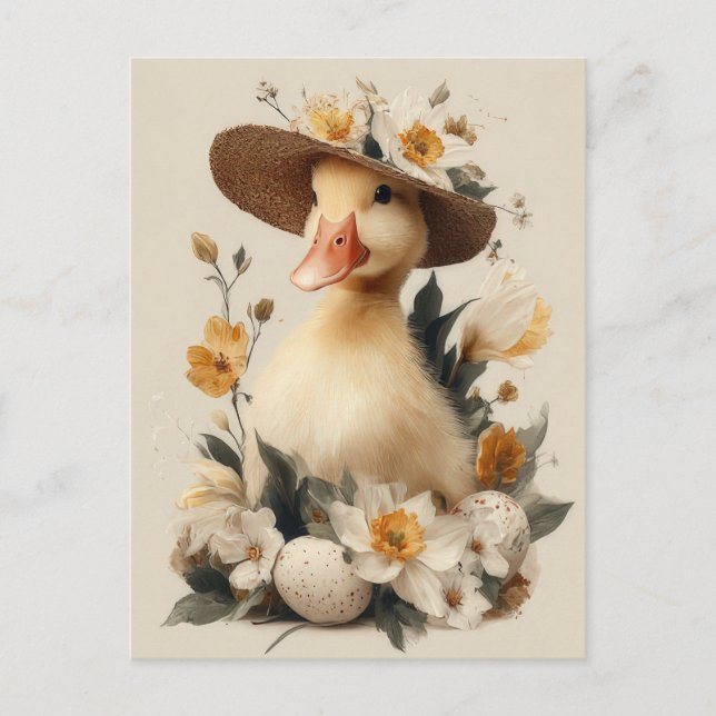 Postal Cartão de Páscoa com Flores e Patinho da Páscoa (Frente)