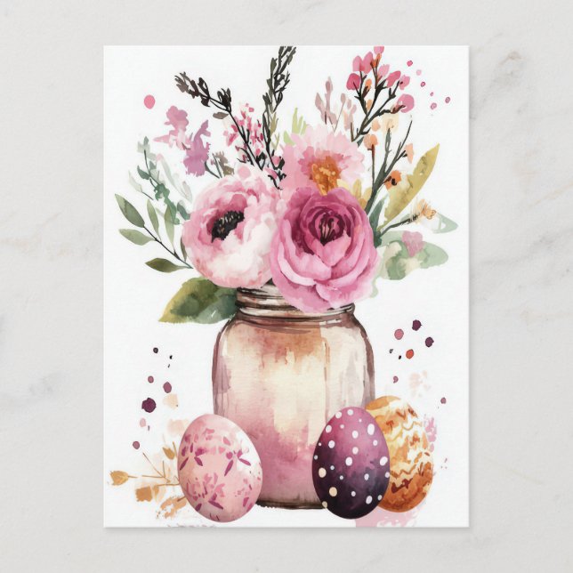 Postal Cartão de Páscoa com Ovos de Páscoa e Flores (Frente)