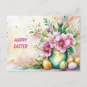 Postal Cartão de Páscoa com Ovos de Páscoa e Flores