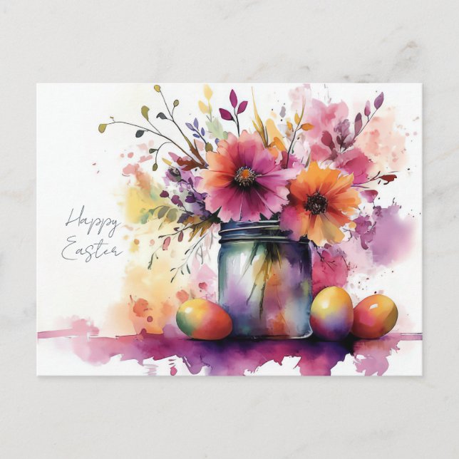 Postal Cartão de Páscoa com Ovos de Páscoa e Flores (Frente)