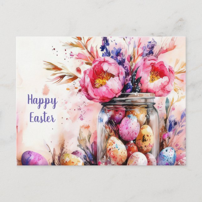 Postal Cartão de Páscoa com Ovos de Páscoa e Flores (Frente)
