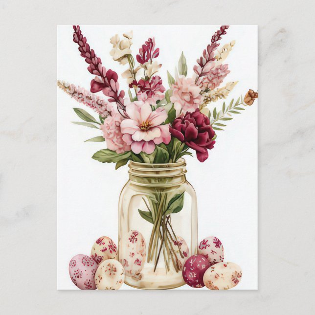 Postal Cartão de Páscoa com Ovos de Páscoa e Flores (Frente)
