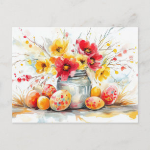 Postal Cartão de Páscoa com Ovos de Páscoa e Flores