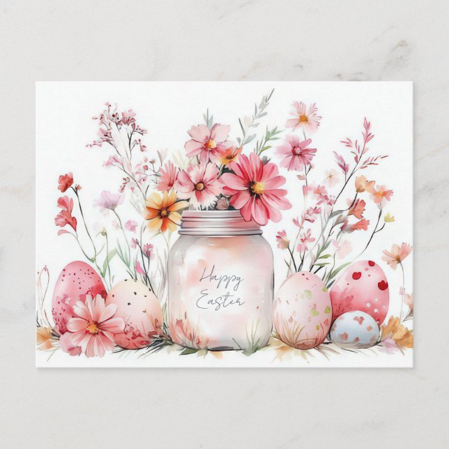 Postal Cartão de Páscoa com Ovos de Páscoa e Flores (Frente)