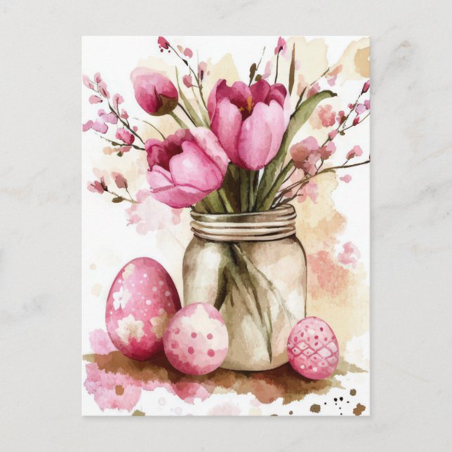 Postal Cartão de Páscoa com Ovos de Páscoa e Flores (Frente)