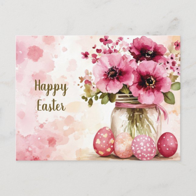 Postal Cartão de Páscoa com Ovos de Páscoa e Flores (Frente)