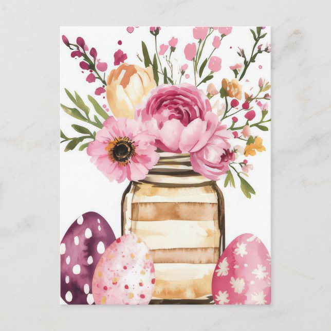 Postal Cartão de Páscoa com Ovos de Páscoa e Flores (Frente)