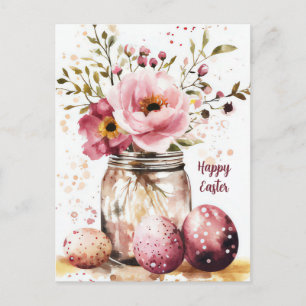 Postal Cartão de Páscoa com Ovos de Páscoa e Flores