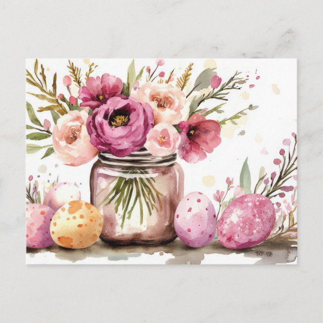 Postal Cartão de Páscoa com Ovos de Páscoa e Flores (Frente)