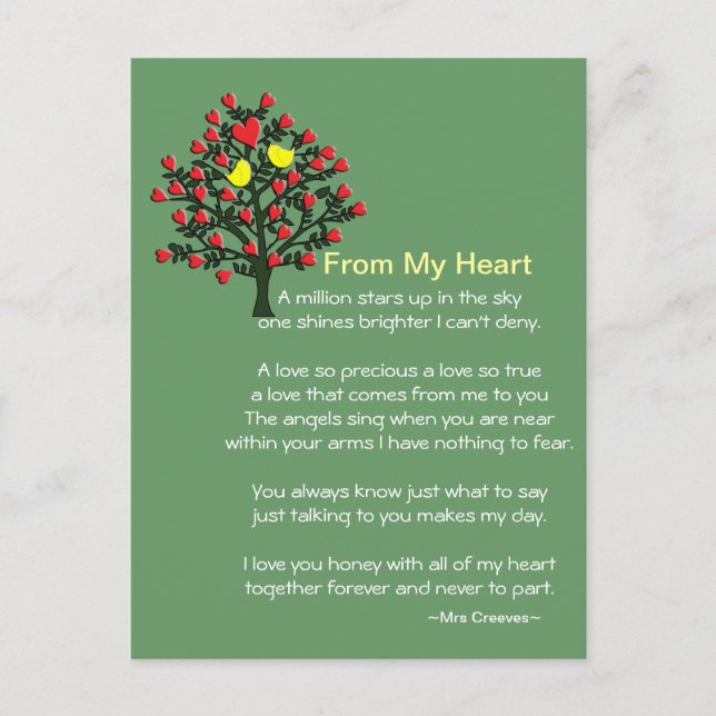Postal Cartão de Pássaros de Amor com Poema (Frente)