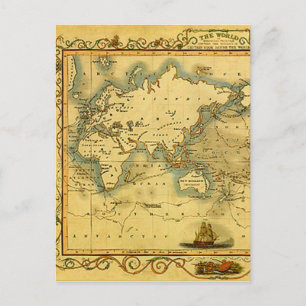 Postal Cartão de Posto Antiquado do Mapa Mundial