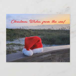Postal Cartão de posto do tema Praia com Santa Hat