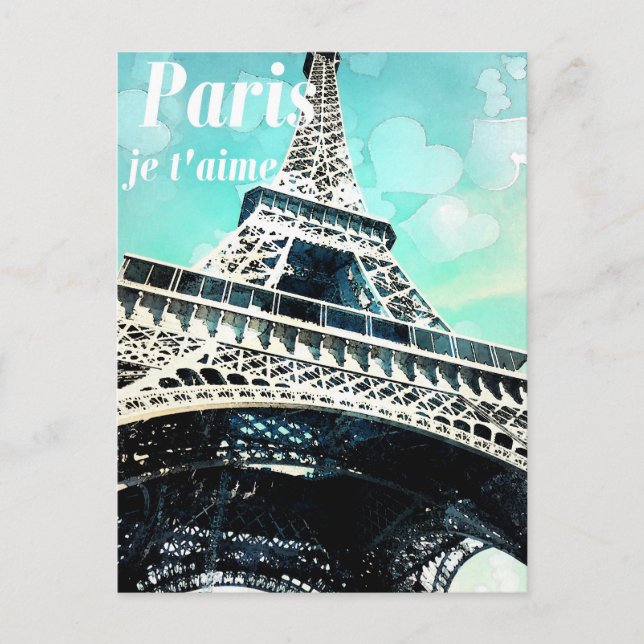 Postal Cartão de Posto Retro Eiffel Torre "Paris je t'aim (Frente)