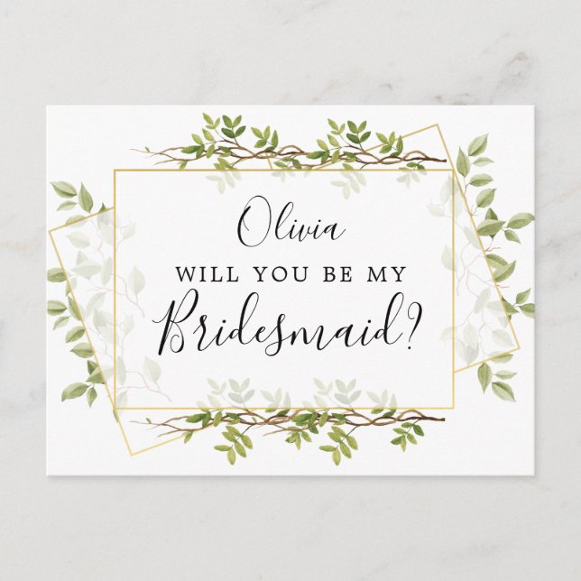 Postal Cartão de Proposta de Bridesmaid Woodland Greenery (Frente)