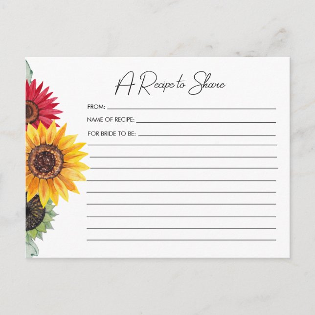 Postal Cartão de Receita Chá de Noiva Girassóis  (Frente)