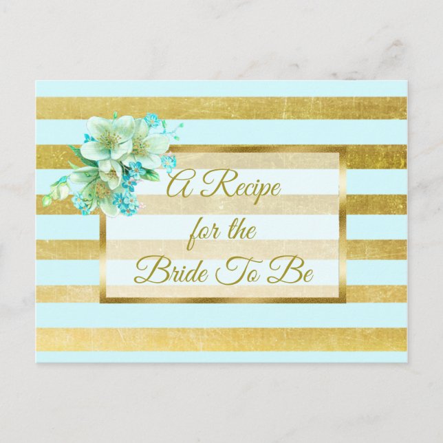 Postal Cartão de Receita de Casamento Floral Azul e Doura (Frente)