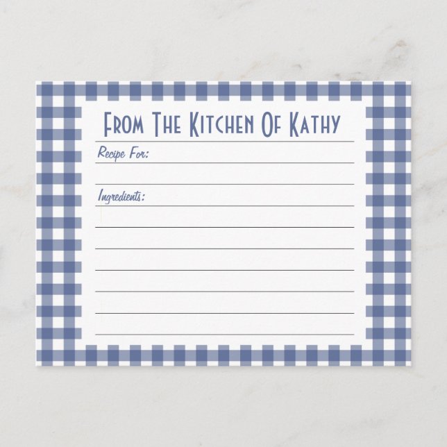 Postal Cartão de Receita de Gingham Azul (Frente)