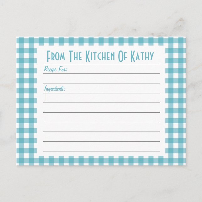 Postal Cartão de Receita de Gingham Azul (Frente)