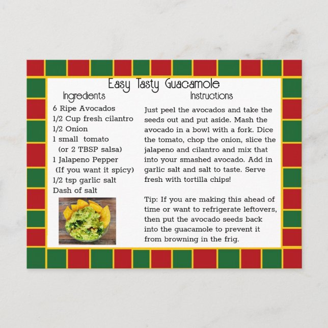 Postal Cartão de Receita de Guacamole (Frente)