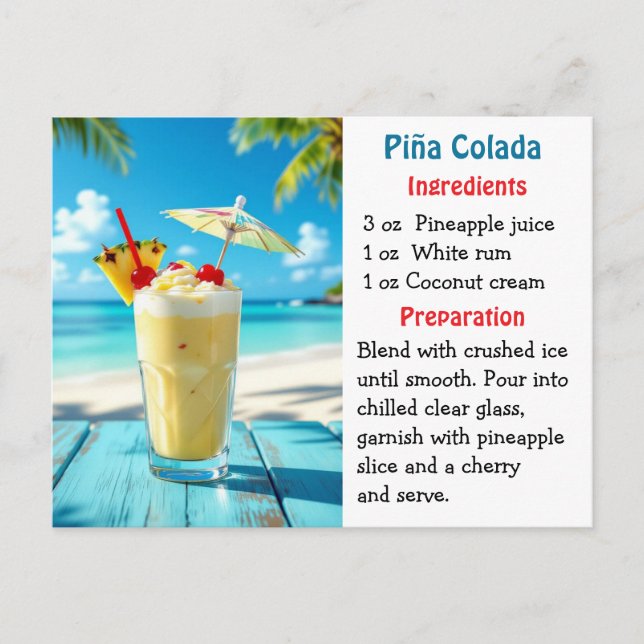 Postal cartão de receita do Dia Nacional da Piña Colada (Frente)