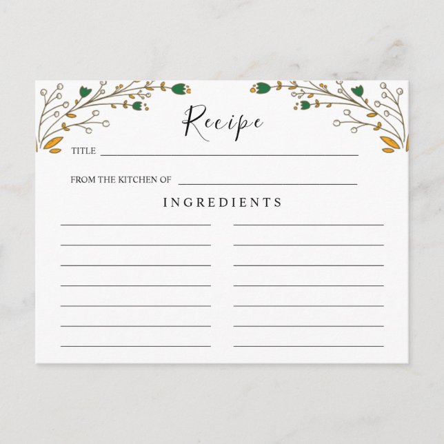 Postal Cartão de Receita Floral Boho, Casamento de Flores (Frente)