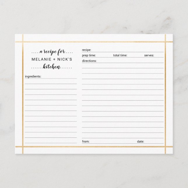 Postal Cartão de receita para chá de noiva, moldura doura (Frente)