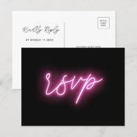 Cartão de RSVP de Luz Neon Rosa e Preto Elétrico