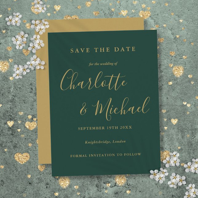Postal Cartão de Salvar a Data de Casamento em Letra Dour (Emerald And Gold Script Wedding Save the Date Card)