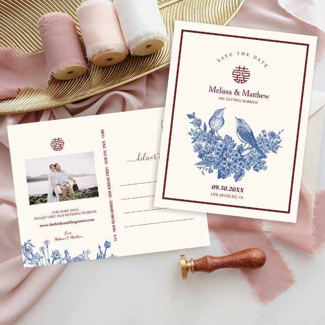 Postal Cartão de Salvar a Data de Casamento Floral de Peg (Magpie Floral Chinese Wedding Save the Date Postcard)