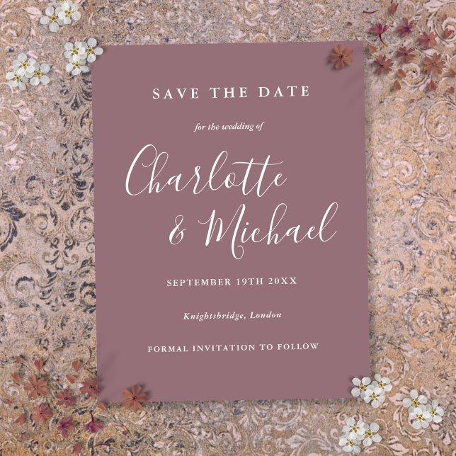 Postal Cartão de Salvar a Data do Casamento Script Mauve (Script Mauve Wedding Save the Date Card)