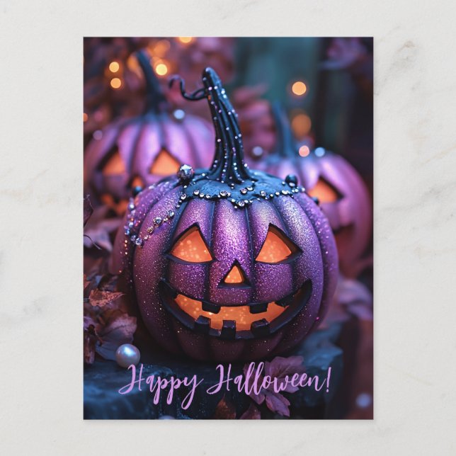 Postal Cartão de Saudação de Halloween de Pumpkins Glitte (Frente)