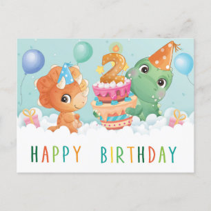 Postal cartão de segundo aniversário de dinossauro fofo