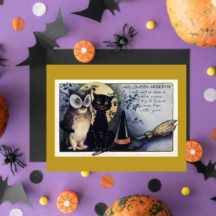 Postal Cartão de Vintage Owen e Black Cat Halloween