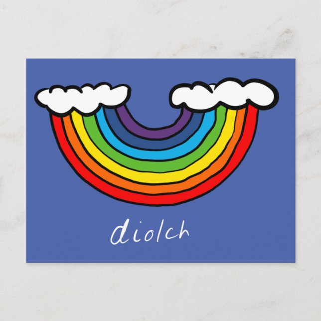 Postal Cartão Diolch (Obrigado em Welsh) - design Rainbow (Frente)