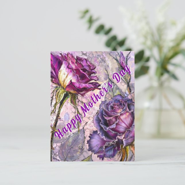 Postal Cartão do Dia das Mães com Rosas Roxas (Em pé/Frente)