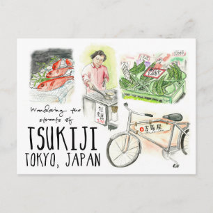 Postal Cartão do esboço do viagem: Tsukiji de vagueamen