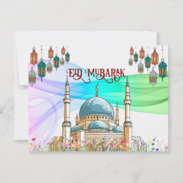 Postal Cartão Eid Mubarak Colorido com Mesquita