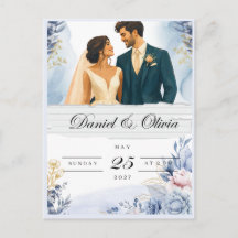Cartão Elegante de Floral Azul para Salvar a Data