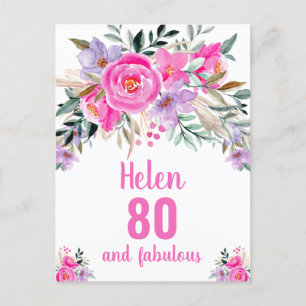 Postal cartão floral cor-de-água rosa-80 de aniversário