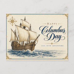 Postal Cartão Plano do Dia de Colombo com Navio de Velas
