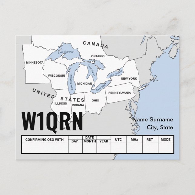 Postal Cartão QSL Mapa dos Grandes Lagos (Frente)