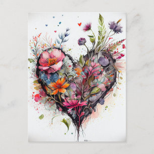 Postal Cartão romântico de flores em aquarela e coração v