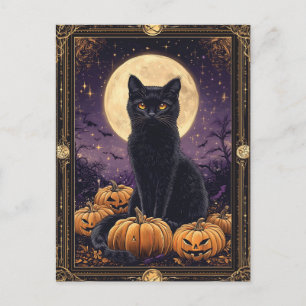 Postal Cartão tarô temido do Halloween com gato preto